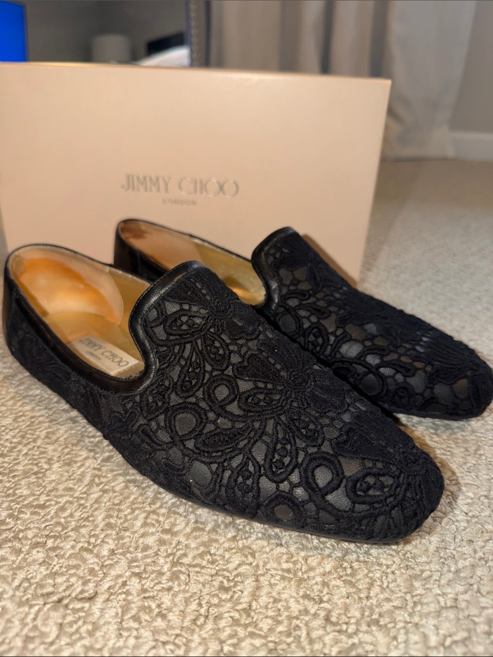 Jimmy Choo Black Lace Slip-On Loafers